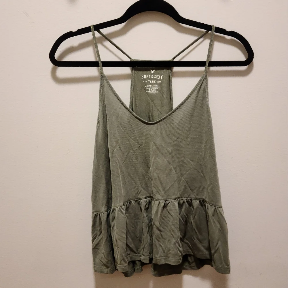 Olive/Sage Green Vneck Tank Top S American Eagle Soft & Sexy Peplum - Picture 12 of 16